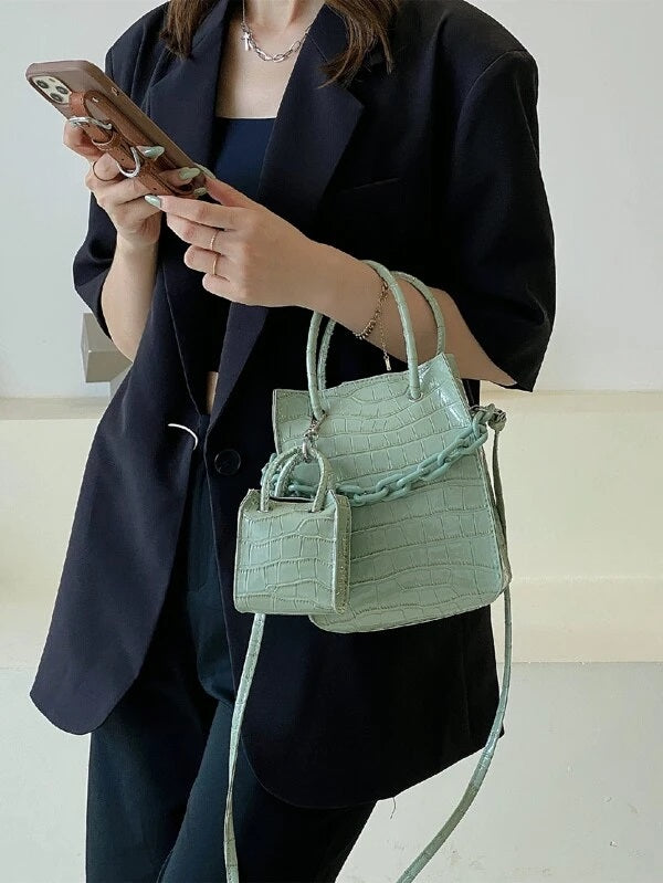 CM-BGS205099 Women Casual Seoul Style Croc Embossed Bag Set - Green