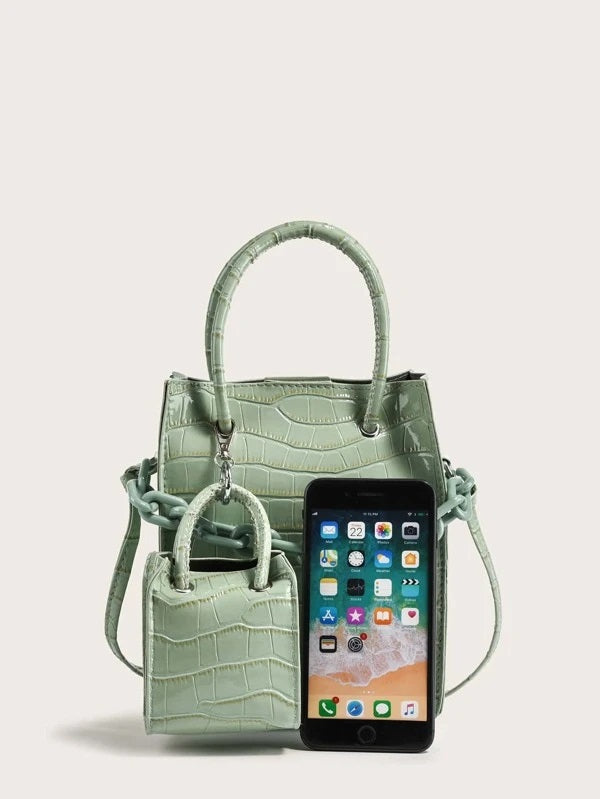 CM-BGS205099 Women Casual Seoul Style Croc Embossed Bag Set - Green