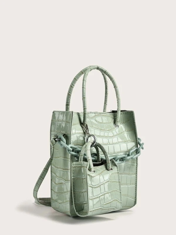 CM-BGS205099 Women Casual Seoul Style Croc Embossed Bag Set - Green