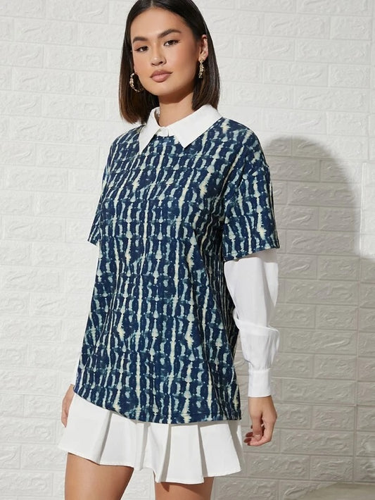 CM-TS555385 Women Casual Seoul Style Tie Dye Contrast Collar 2 In 1 Blouse