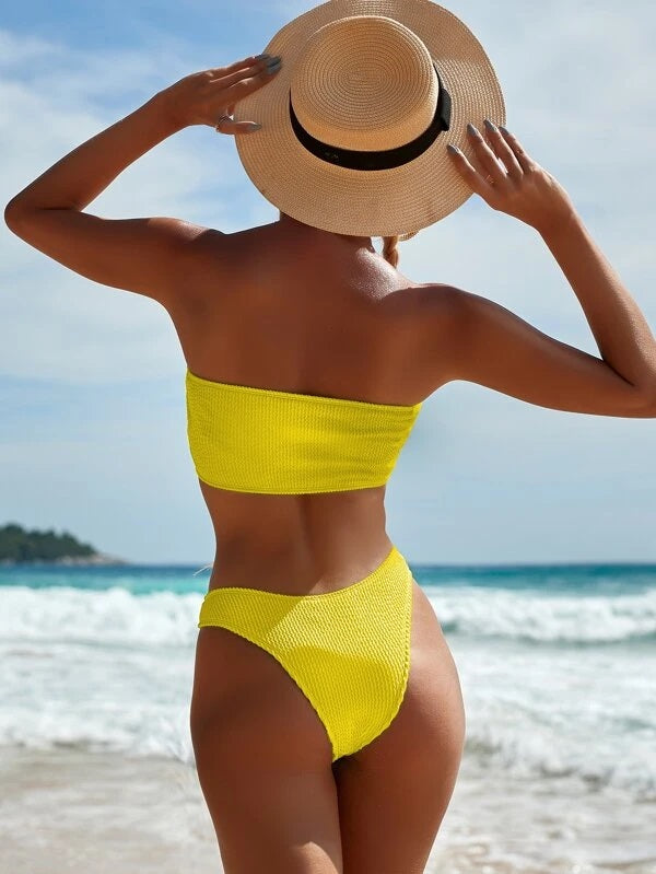 CM-SWS029696 Women Trendy Seoul Style Textured Bandeau High Cut Bikini Swimsuit - Yellow