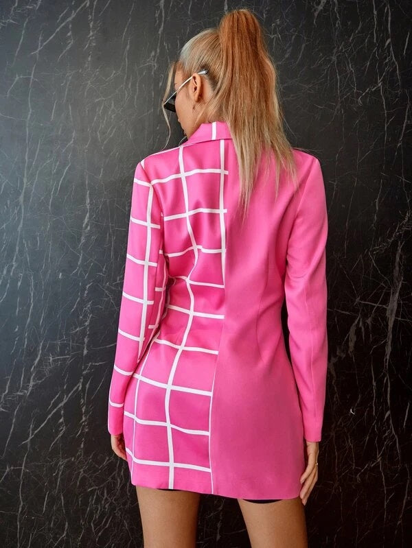 CM-CS833998 Women Elegant Seoul Style Long Sleeve Placket Grid Print Longline Blazer - Pink