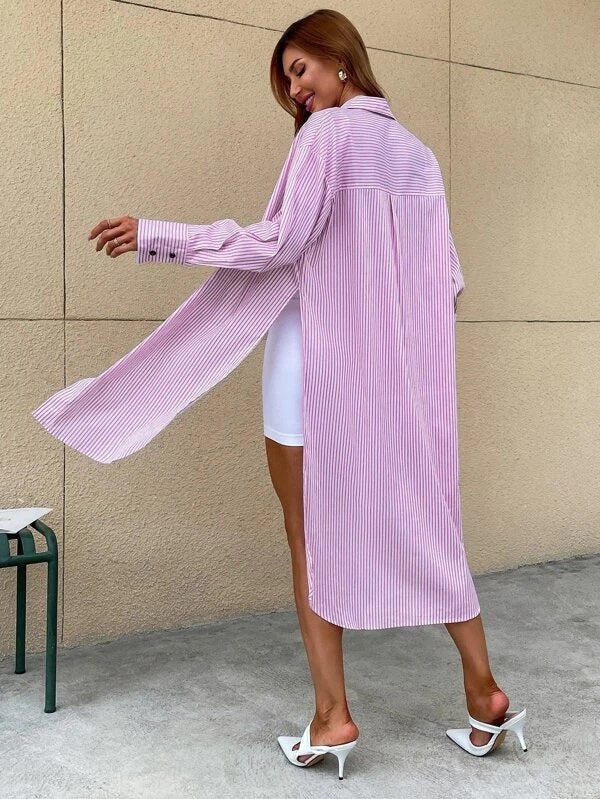 CM-TS393847 Women Casual Seoul Style Long Sleeve Vertical Stripe High Cut Blouse - Pink