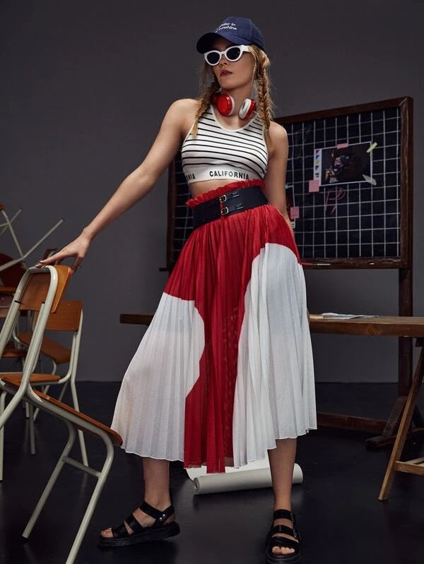 CM-BS615111 Women Elegant Seoul Style Two Tone Pleated Skirt With PU Corset