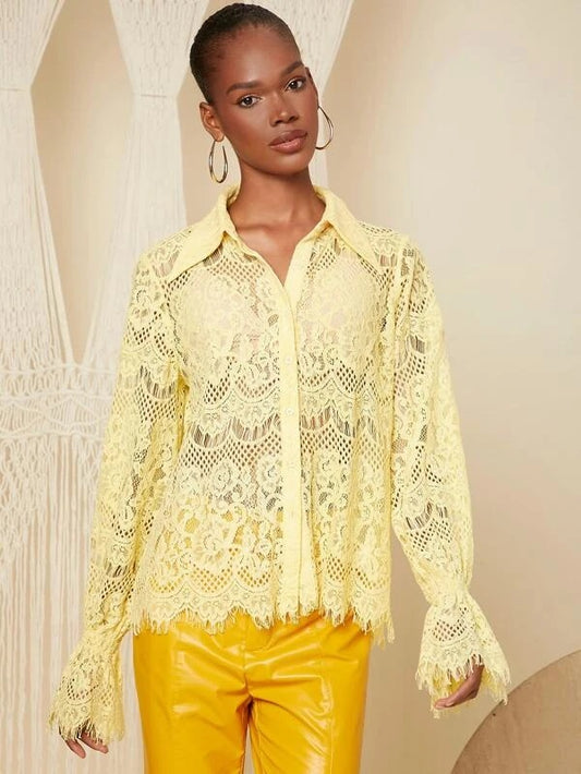 CM-TS603942 Women Casual Seoul Style Collar Neckline Flounce Sleeve Lace Blouse - Yellow