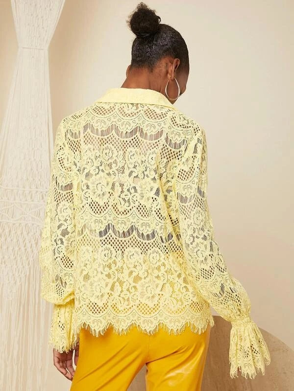 CM-TS603942 Women Casual Seoul Style Collar Neckline Flounce Sleeve Lace Blouse - Yellow