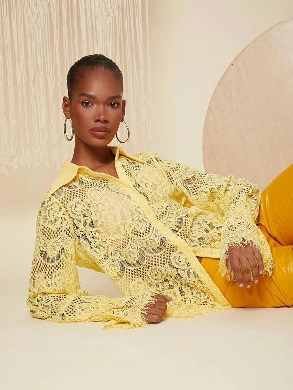 CM-TS603942 Women Casual Seoul Style Collar Neckline Flounce Sleeve Lace Blouse - Yellow