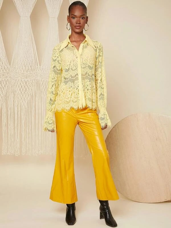 CM-TS603942 Women Casual Seoul Style Collar Neckline Flounce Sleeve Lace Blouse - Yellow