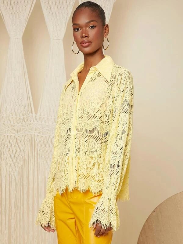 CM-TS603942 Women Casual Seoul Style Collar Neckline Flounce Sleeve Lace Blouse - Yellow