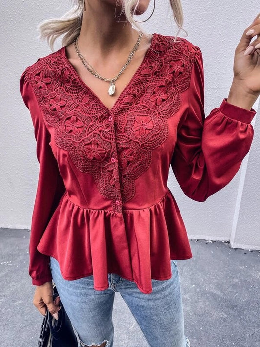 CM-TS143280 Women Elegant Seoul Style Solid Contrast Lace Button Up Blouse - Red