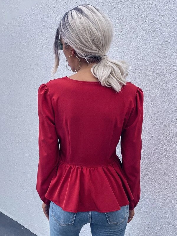 CM-TS143280 Women Elegant Seoul Style Solid Contrast Lace Button Up Blouse - Red
