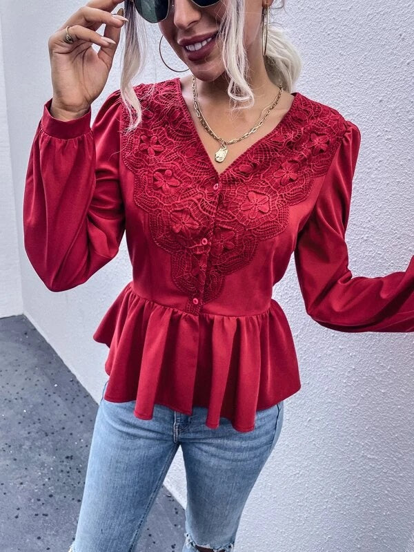 CM-TS143280 Women Elegant Seoul Style Solid Contrast Lace Button Up Blouse - Red