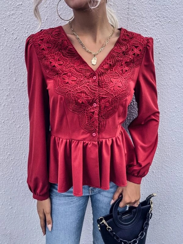 CM-TS143280 Women Elegant Seoul Style Solid Contrast Lace Button Up Blouse - Red