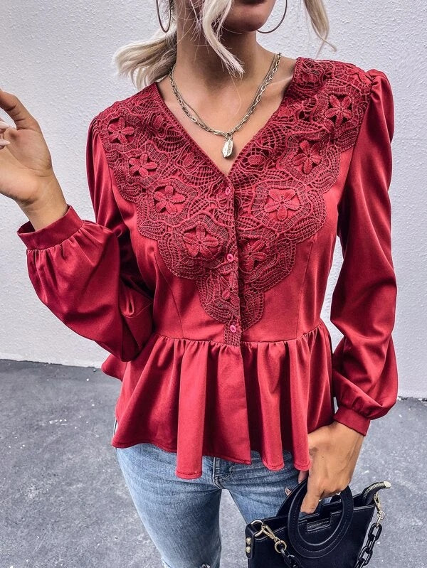 CM-TS143280 Women Elegant Seoul Style Solid Contrast Lace Button Up Blouse - Red