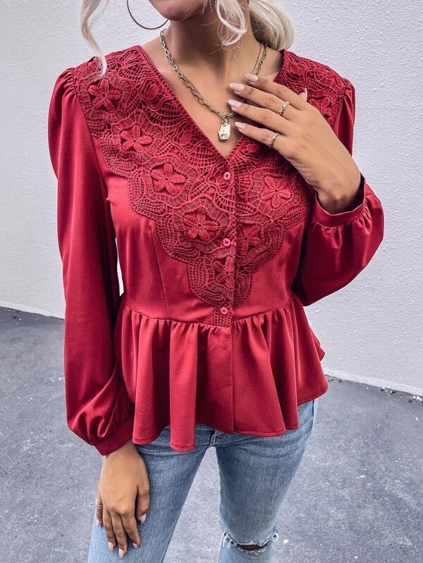 CM-TS143280 Women Elegant Seoul Style Solid Contrast Lace Button Up Blouse - Red