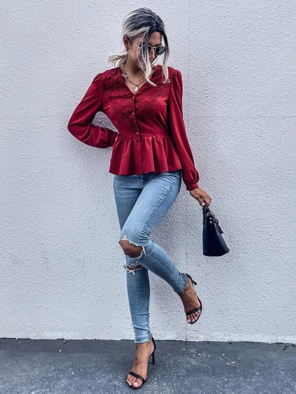 CM-TS143280 Women Elegant Seoul Style Solid Contrast Lace Button Up Blouse - Red