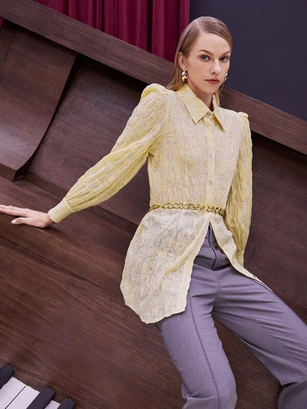 CM-TS605603 Women Casual Seoul Style Allover Floral Print Button Front Blouse - Yellow