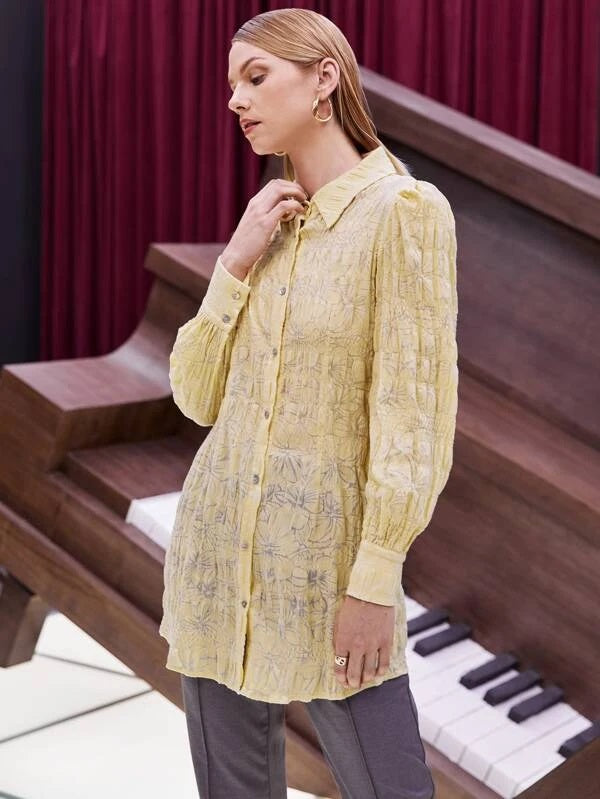 CM-TS605603 Women Casual Seoul Style Allover Floral Print Button Front Blouse - Yellow