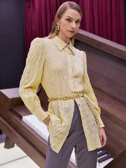 CM-TS605603 Women Casual Seoul Style Allover Floral Print Button Front Blouse - Yellow