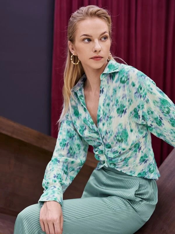 CM-TS601196 Women Trendy Bohemian Style Colorblock Ruched Button Front Blouse