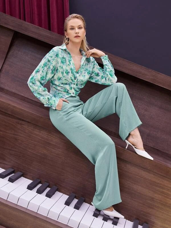 CM-TS601196 Women Trendy Bohemian Style Colorblock Ruched Button Front Blouse