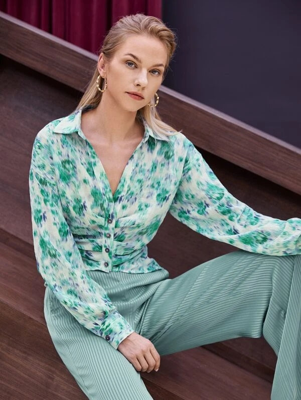 CM-TS601196 Women Trendy Bohemian Style Colorblock Ruched Button Front Blouse