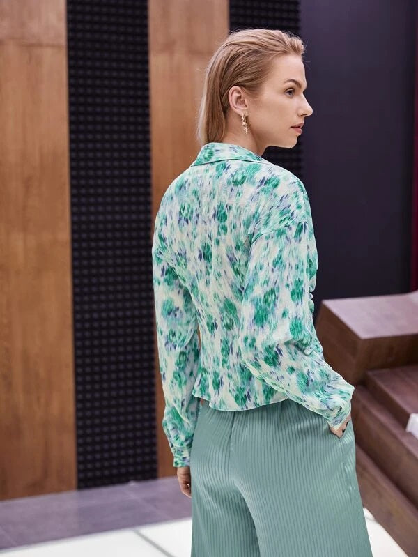 CM-TS601196 Women Trendy Bohemian Style Colorblock Ruched Button Front Blouse