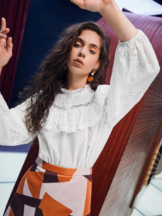 CM-TS607240 Women Trendy Bohemian Style Solid Ruffle Trim Popcorn Detail Blouse - White