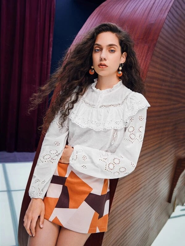 CM-TS607240 Women Trendy Bohemian Style Solid Ruffle Trim Popcorn Detail Blouse - White