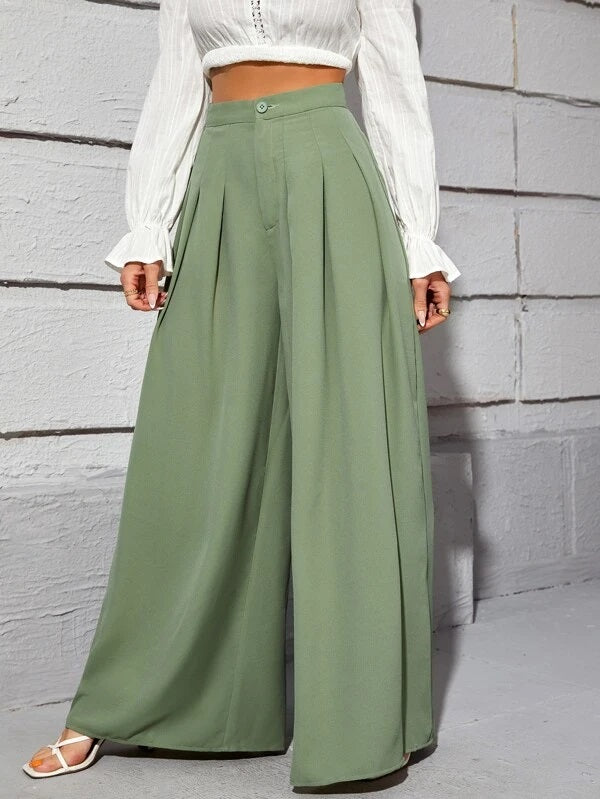CM-BS939200 Women Elegant Seoul Style High Waist Fold Pleated Wide Leg Pants - Green