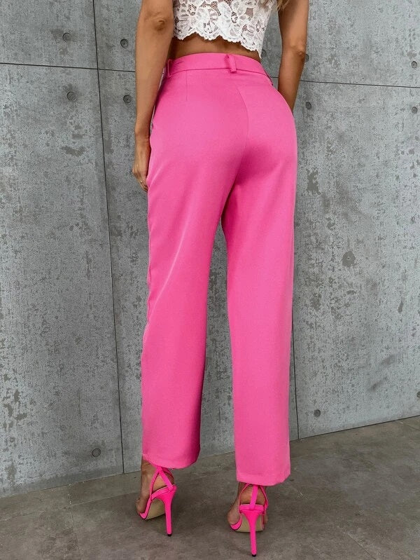 CM-BS443303 Women Elegant Seoul Style High Waist Solid Slant Pocket Tailored Pants - Hot Pink