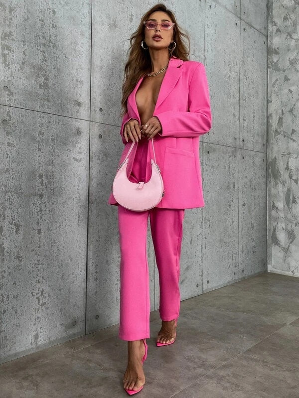 CM-CS925586 Women Elegant Seoul Style Solid Pocket Front Single Breasted Blazer - Hot Pink