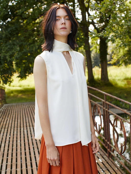 CM-TS609452 Women Elegant Seoul Style Sleeveless Straight Fit Draped Top - Beige