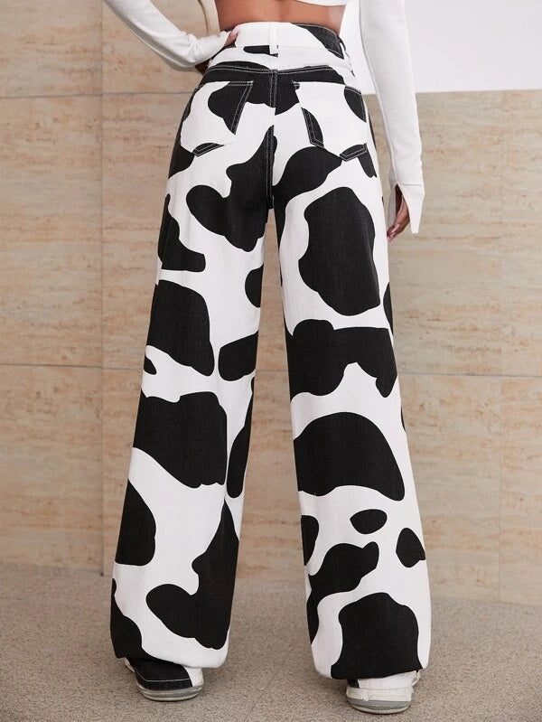 CM-BS757877 Women Casual Seoul Style High Waisted Cow Print Jeans