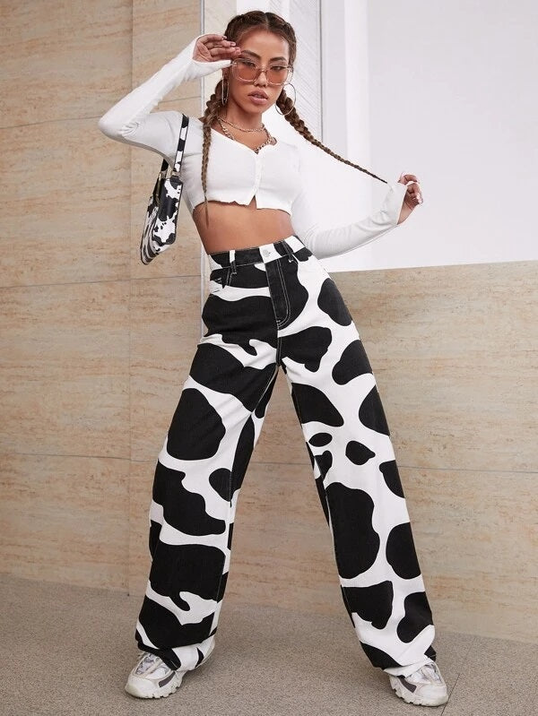 CM-BS757877 Women Casual Seoul Style High Waisted Cow Print Jeans