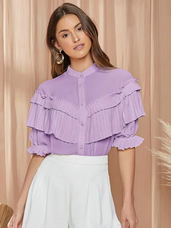 CM-TS641410 Women Elegant Seoul Style Flounce Sleeve Layered Detail Blouse - Purple