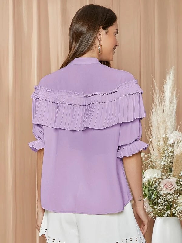 CM-TS641410 Women Elegant Seoul Style Flounce Sleeve Layered Detail Blouse - Purple