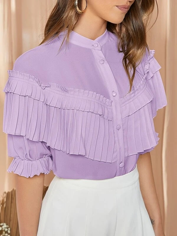 CM-TS641410 Women Elegant Seoul Style Flounce Sleeve Layered Detail Blouse - Purple