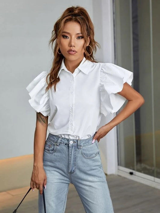 CM-TS191918 Women Casual Seoul Style Collar Neckline Ruffle Sleeve Solid Blouse