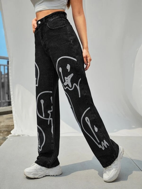 CM-BS511685 Women Casual Seoul Style High Waist Cartoon Graphic Wide Leg Jeans - Black