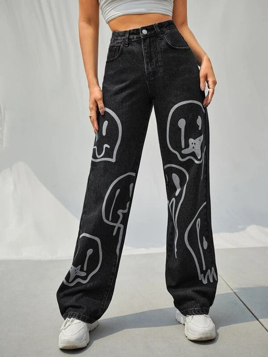 CM-BS511685 Women Casual Seoul Style High Waist Cartoon Graphic Wide Leg Jeans - Black