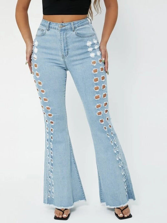 CM-BS617475 Women Casual Seoul Style Ripped Raw Hem Flare Leg Jeans