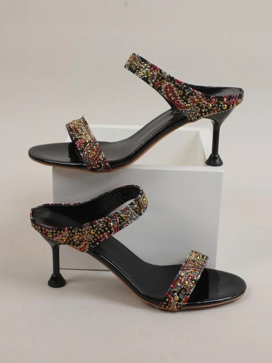 CM-SHS331822 Women Trendy Seoul Style Studded Decor Floral Printed Sandal Mules