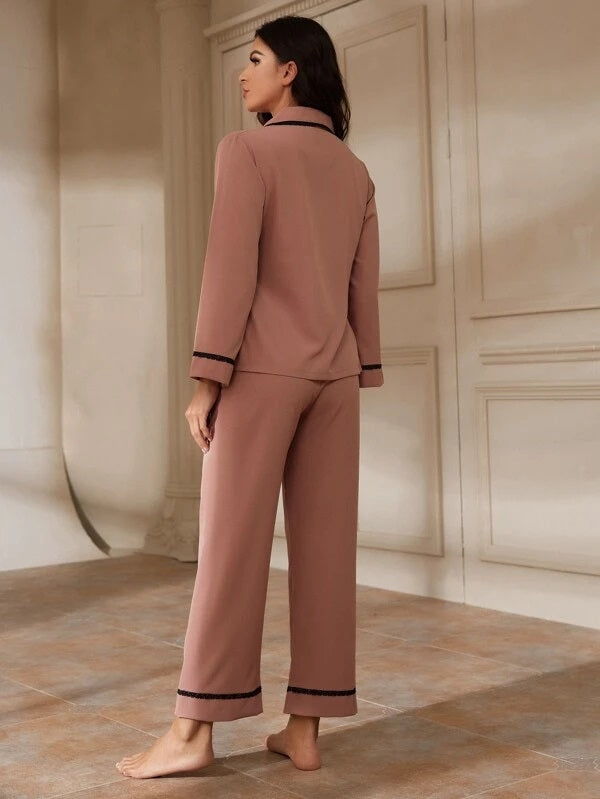 CM-LS190029 Women Trendy Seoul Style Lace Trim Pocket Front Pajama Set - Dusty Pink