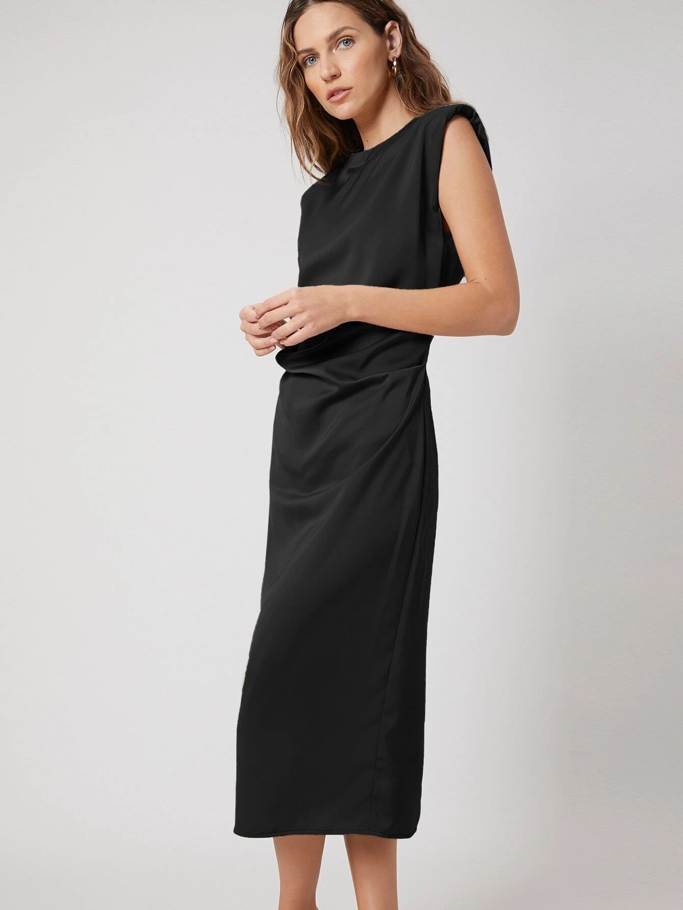 CM-DS257342 Women Elegant Seoul Style Sleeveless Fitted Shoulder Pad Dress - Black