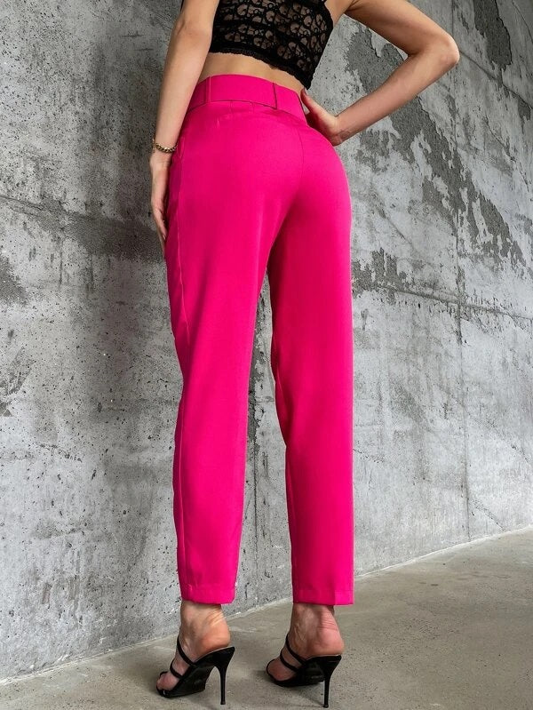 CM-BS375380 Women Elegant Seoul Style High Waist Solid Belted Tapered Pants - Hot Pink