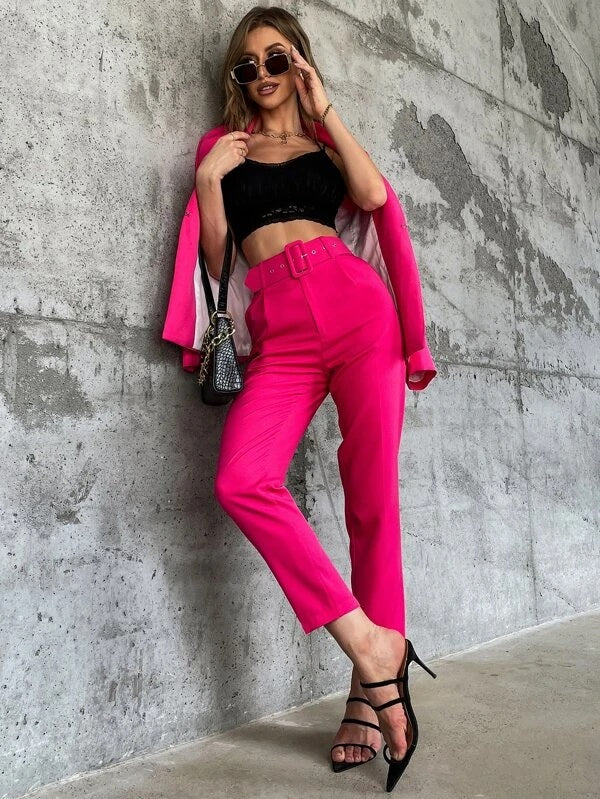 CM-BS375380 Women Elegant Seoul Style High Waist Solid Belted Tapered Pants - Hot Pink