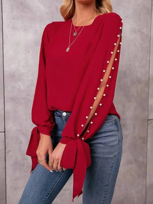 CM-TS598739 Women Casual Seoul Style Pearl Beaded Tie Cuff Slit Sleeve Blouse - Burgundy