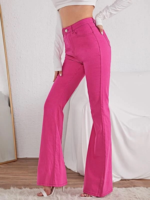 CM-BS888068 Women Casual Seoul Style High Waist Flared Jeans - Hot Pink