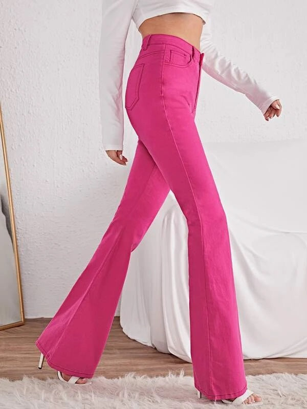 CM-BS888068 Women Casual Seoul Style High Waist Flared Jeans - Hot Pink